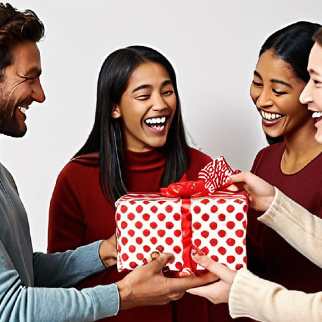 **A diverse group of people joyfully exchanging gifts, with subtle visual cues indicating different cultural gift-giving traditions.**