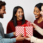 **A diverse group of people joyfully exchanging gifts, with subtle visual cues indicating different cultural gift-giving traditions.**