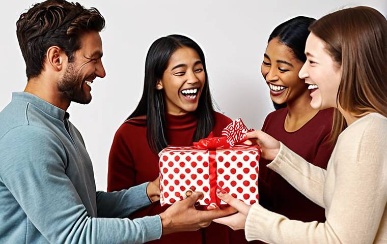 **A diverse group of people joyfully exchanging gifts, with subtle visual cues indicating different cultural gift-giving traditions.**