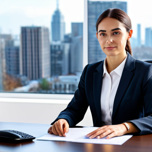 Home 21 **
A professional female accountant in a modern office setting, fully clothed in a modest business suit (skirt and jacket), seated at a clean desk with a computer. Background includes soft lighting and blurred cityscape visible through a window. safe for work, appropriate content, professional, perfect anatomy, correct proportions, natural pose, well-formed hands, proper finger count, natural body proportions.
**