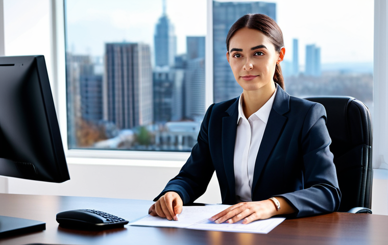 **

A professional female accountant in a modern office setting, fully clothed in a modest business suit (skirt and jacket), seated at a clean desk with a computer. Background includes soft lighting and blurred cityscape visible through a window.  safe for work, appropriate content, professional, perfect anatomy, correct proportions, natural pose, well-formed hands, proper finger count, natural body proportions.

**