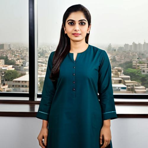 Home 6 **
A professional Pakistani businesswoman in a modest shalwar kameez, standing confidently in a modern office in Karachi. The background features the city skyline during the day. High resolution, natural lighting, professional attire, safe for work, appropriate content, fully clothed, modest, family-friendly.
**
