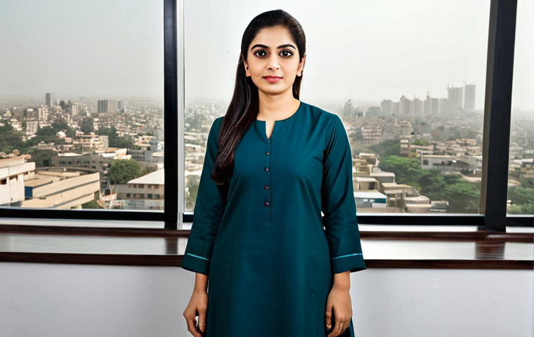 **

A professional Pakistani businesswoman in a modest shalwar kameez, standing confidently in a modern office in Karachi. The background features the city skyline during the day. High resolution, natural lighting, professional attire, safe for work, appropriate content, fully clothed, modest, family-friendly.

**